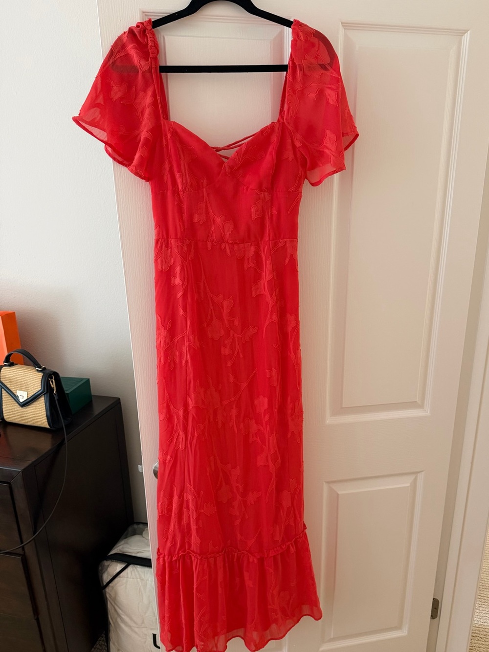 Lulus coral red Floral Maxi Dress with Flutter Sleeves